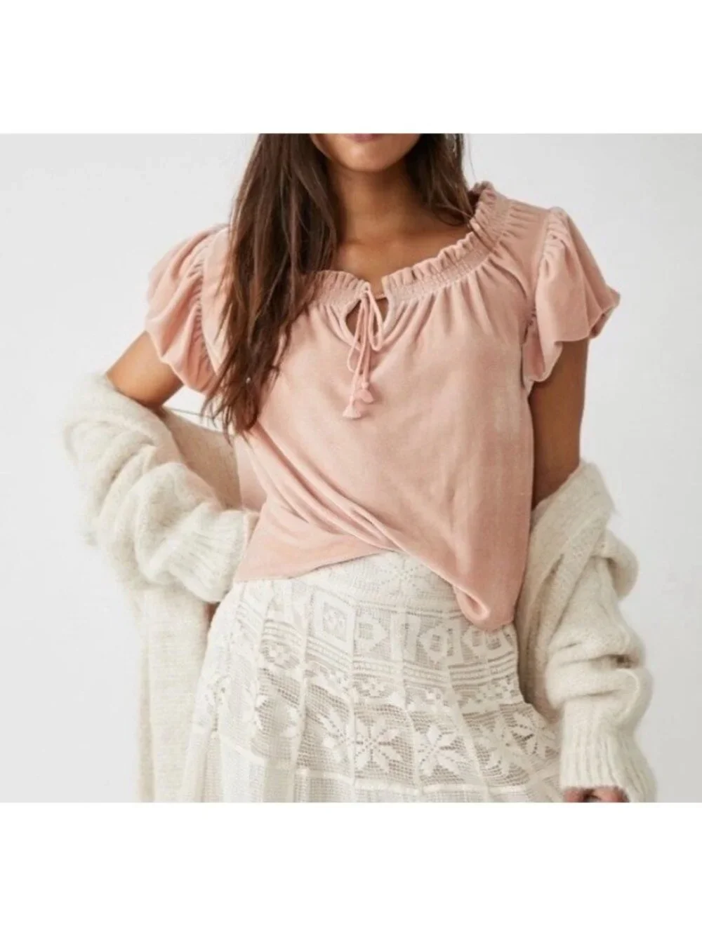 Free People Terese Velvet Velour Top Ballet Pink Puff Sleeve Size Medium Women's